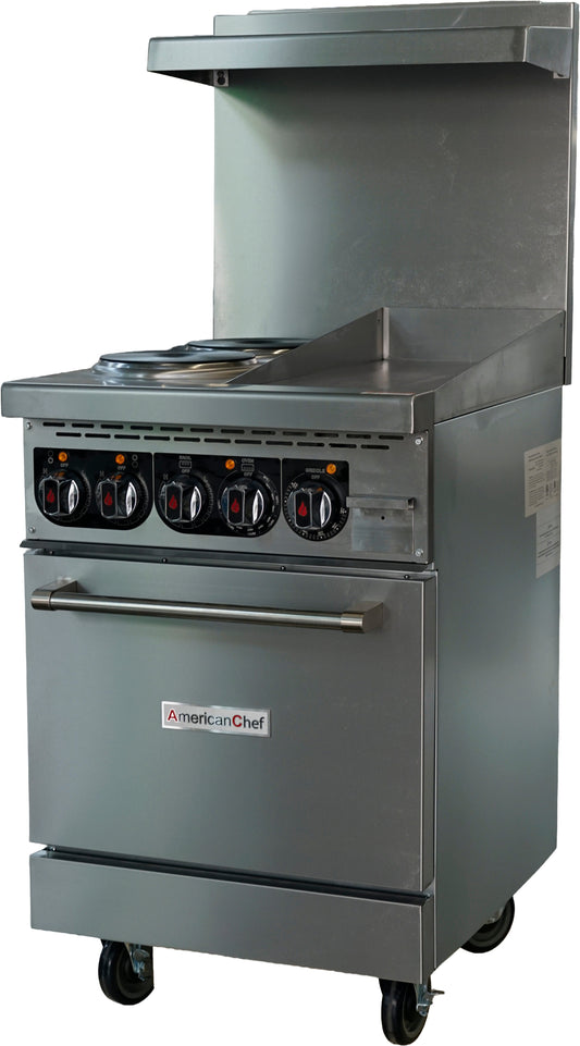 American Chef ACER24-2B12G - 24" Commercial 2-Burner Electric Range with 12" Griddle and Standard Oven - 208V