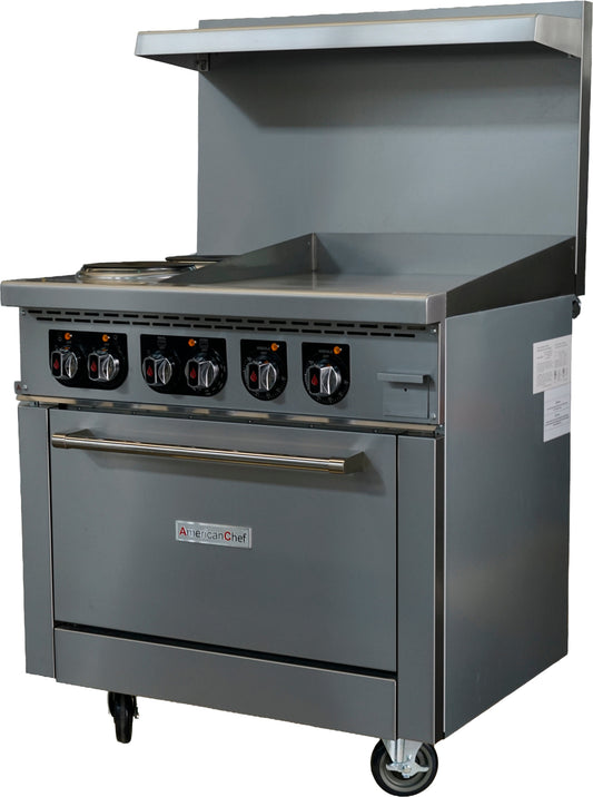 American Chef ACER36-2B24G - 36" Commercial 2-Burner Electric Range with 24" Griddle and Standard Oven - 208V