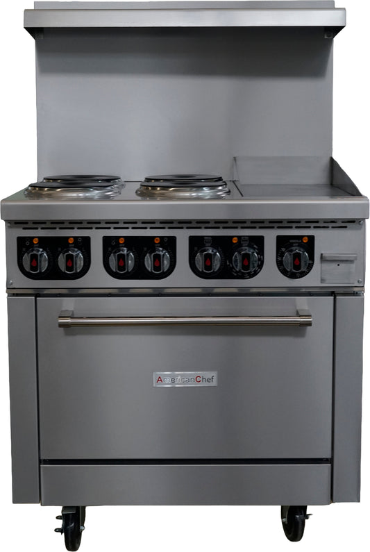 American Chef ACER36-4B12G - 36" Commercial 4-Burner Electric Range with 12" Griddle and Standard Oven - 208V