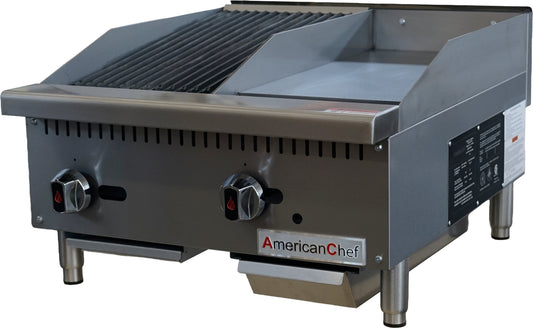 American Chef ACGC24-12C12G - 24" Commercial Countertop Natural Gas 12" Charbroiler & 12" Griddle