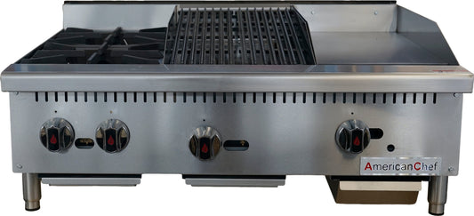 American Chef ACGC36-2B12C12G - 36" Commercial Countertop Natural Gas 12" Charbroiler & 12" Griddle with 2-Burner Hot Plate