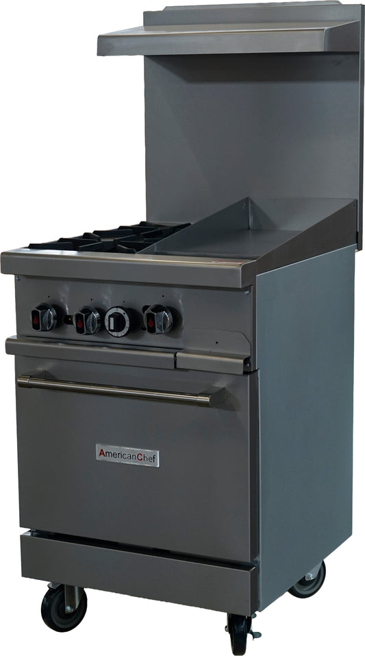American Chef ACGR24-2B12G - 24" Commercial 2-Burner Natural Gas Range with 12" Griddle and Standard Oven