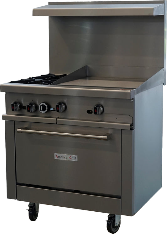 American Chef ACGR36-2B24G - 36" Commercial 2-Burner Natural Gas Range with 24" Griddle and Standard Oven