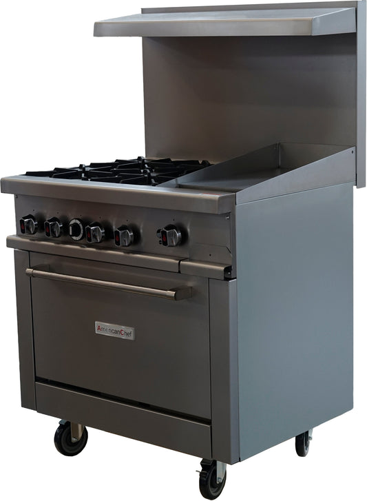 American Chef ACGR36-4B12G - 36" Commercial 4-Burner Natural Gas Range with 12" Griddle and Standard Oven
