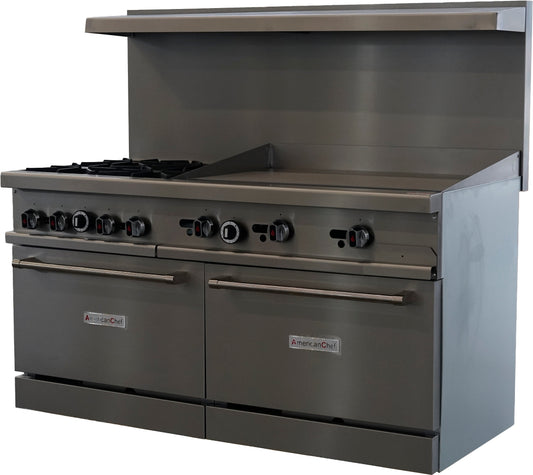 American Chef ACGR60-4B36G - 60" Commercial 4-Burner Natural Gas Range with 36" Griddle and Standard Oven