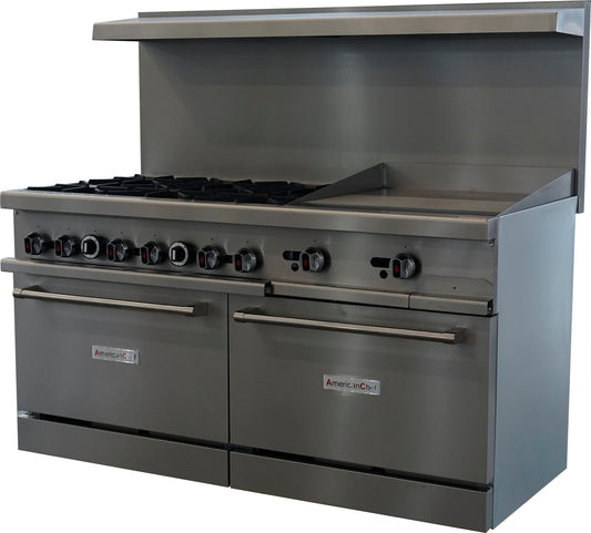 American Chef ACGR60-6B24G - 60" Commercial 6-Burner Natural Gas Range with 24" Griddle and Standard Oven