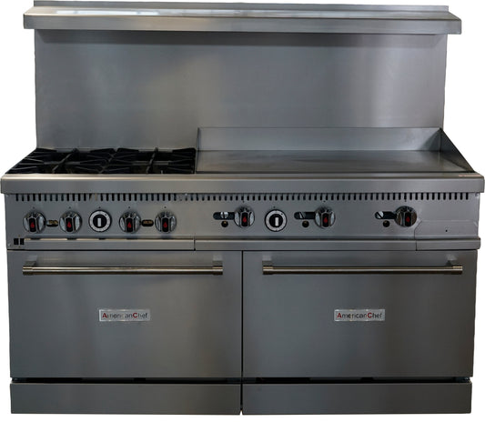 American Chef ACGR60C-4B36G - 60" Commercial 4-Burner Natural Gas Range with 36" Griddle and Convection Oven