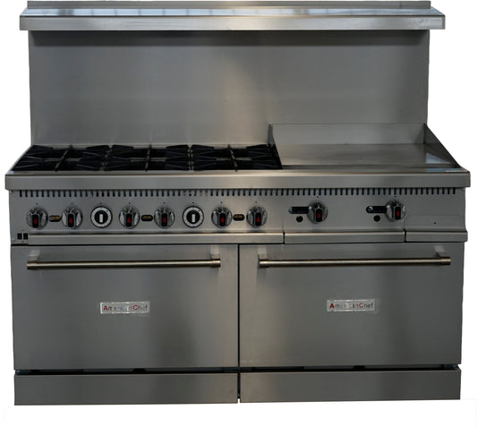 American Chef ACGR60C-6B24G - 60" Commercial 6-Burner Natural Gas Range with 24" Griddle and Convection Oven