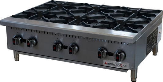 American Chef ACHT-36 - 36" Commercial Countertop 6-Burner Natural Gas Hot Plate