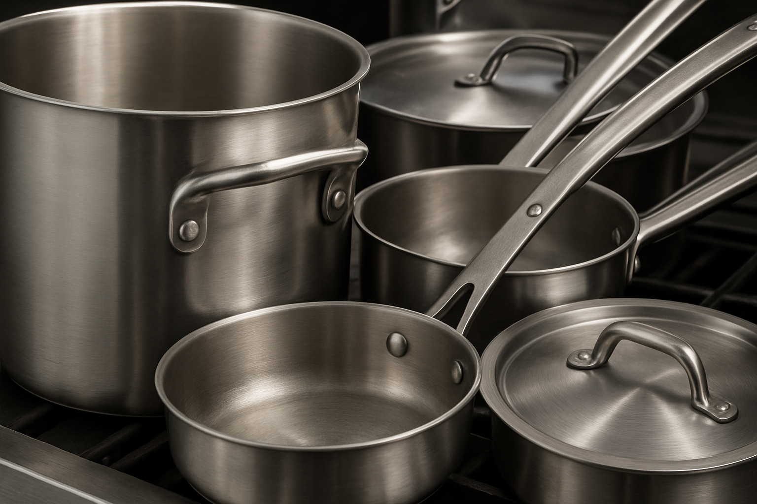 close up of cookware that is similar to Winco. Pots pans lids etc